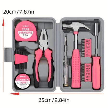 1 Set 24 In 1 Multifunctional Home Repair Hand Tool Set, Pliers, Tape Measure, Hammer Wrench, Screwdriver, Pink Hardware With Toolbox father's day gift