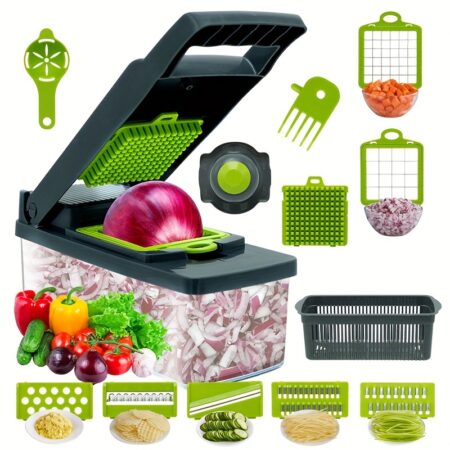 14pcsu002FSet, Vegetable Chopper, Multifunctional Fruit Slicer, Manual Food Grater, Vegetable Slicer, Cutter With Container, Onion Mincer Chopper With Multiple Interchangeable Blades, Household Potato Shredder, Kitchen Stuff, Kitchen Gadgets