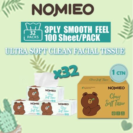NOMIEO Facial Tissue 1 Carton 100 sheets/3PLY/32 packs Smooth Soft Feeling Cotton Disposable Portable